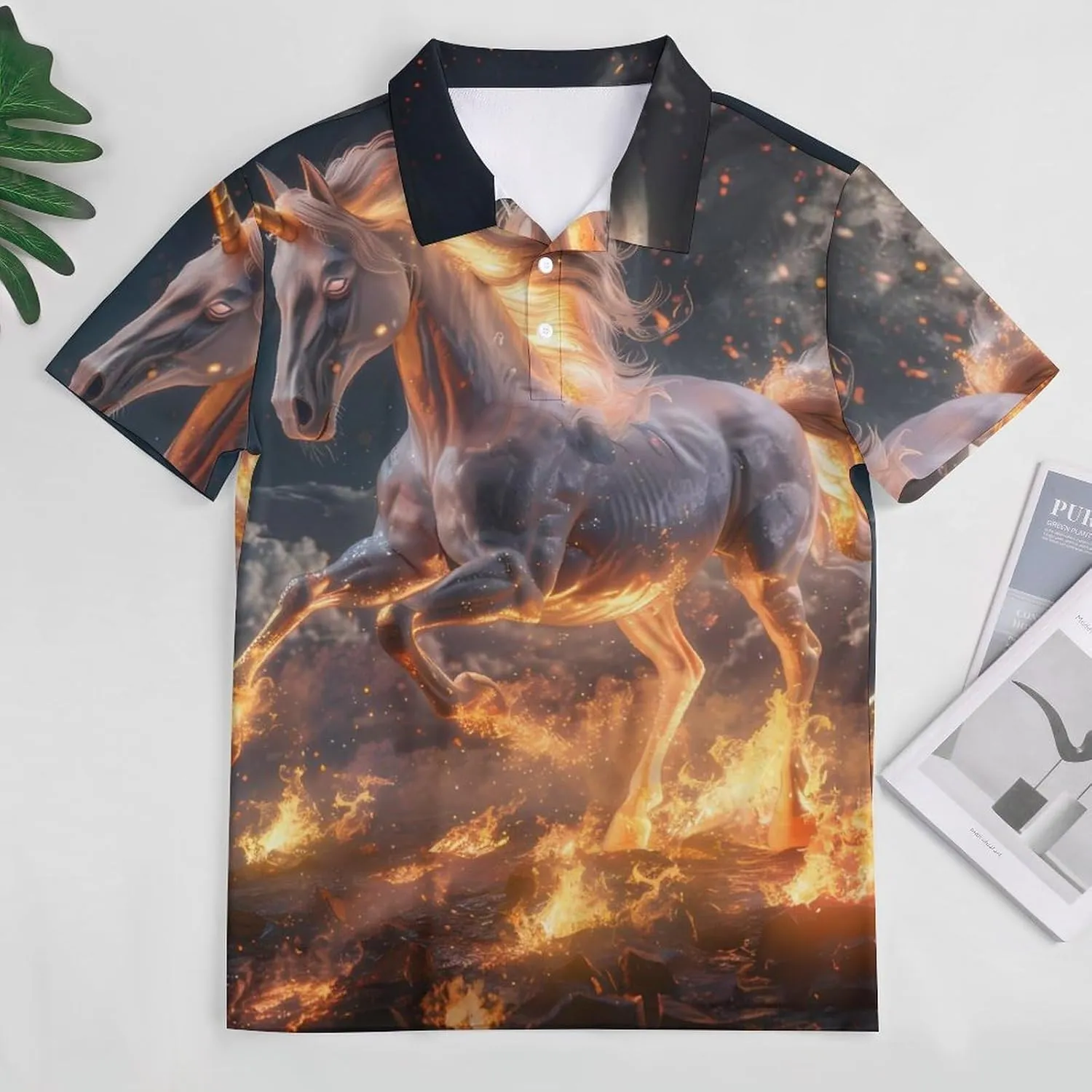 Unicorm Flames And Moon Mens Polo Shirts Quick Dry Short Sleeve T-shirts Slim Tennis Collared Tees Tops