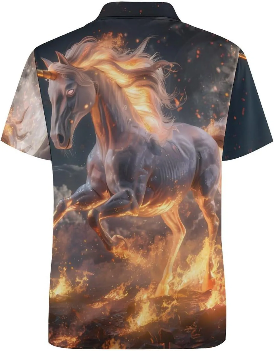 Unicorm Flames And Moon Mens Polo Shirts Quick Dry Short Sleeve T-shirts Slim Tennis Collared Tees Tops