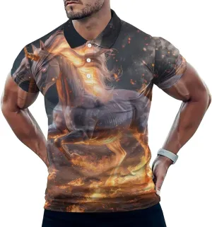 Unicorm Flames And Moon Mens Polo Shirts Quick Dry Short Sleeve T-shirts Slim Tennis Collared Tees Tops