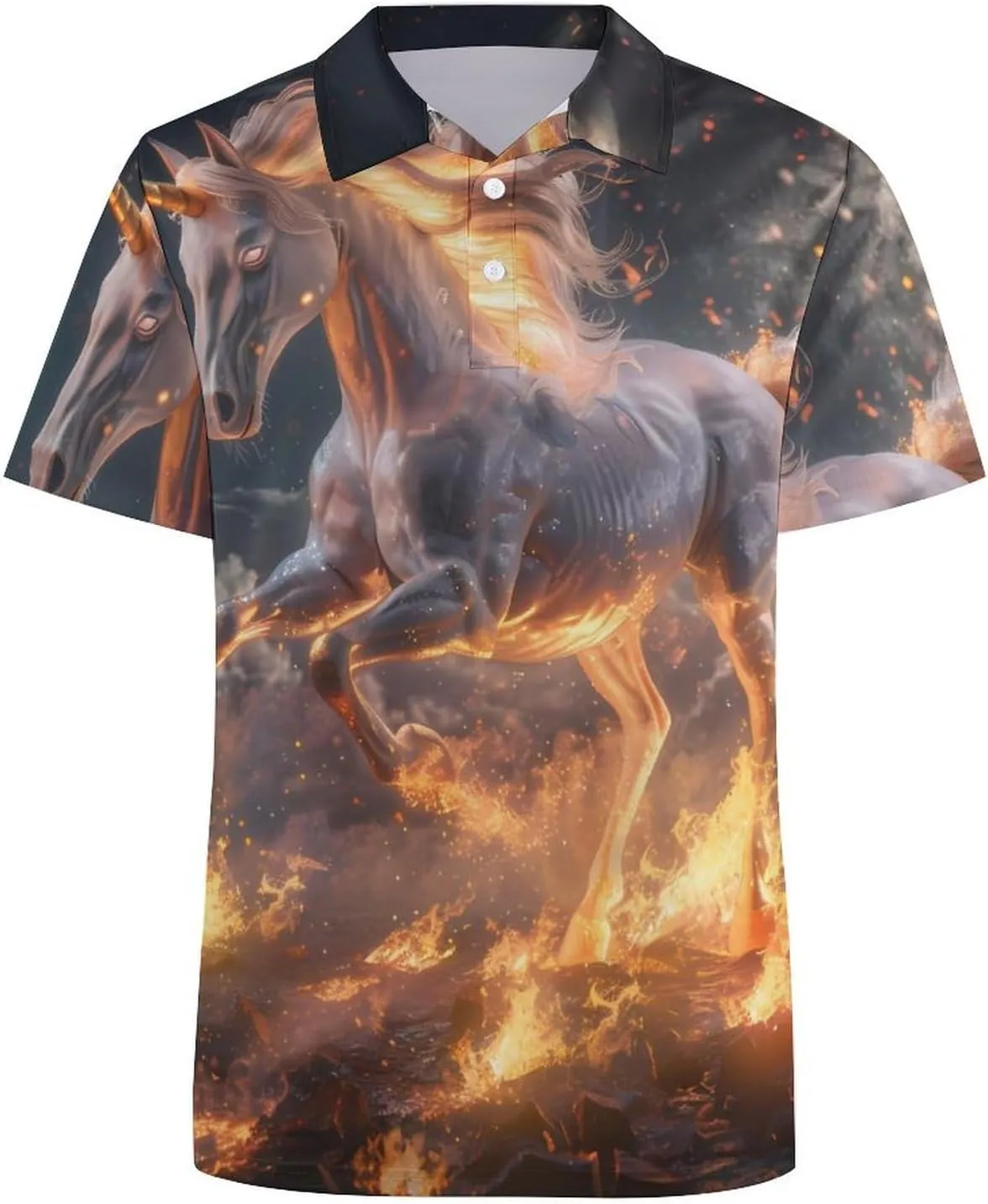 Unicorm Flames And Moon Mens Polo Shirts Quick Dry Short Sleeve T-shirts Slim Tennis Collared Tees Tops