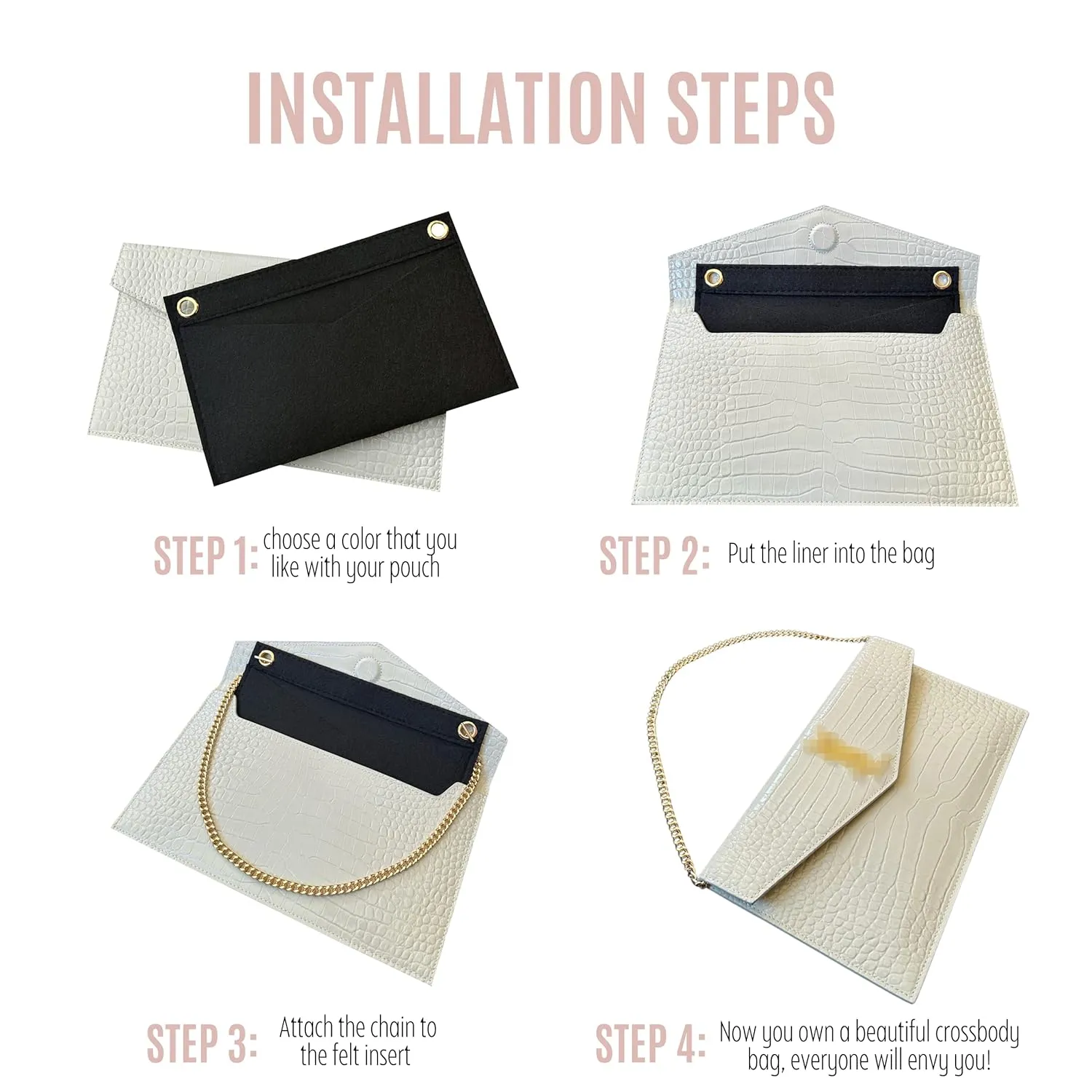 Uptown Clutch Conversion Kit with Gold Chain Wristlet Insert Wallet on Chain WOC Uptown Pouch Insert (Beige)