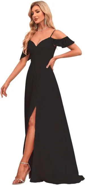 V Neck Bridesmaid Dresses with Pockets A-Line Long Chiffon Formal Party Dresses with Slit UU32