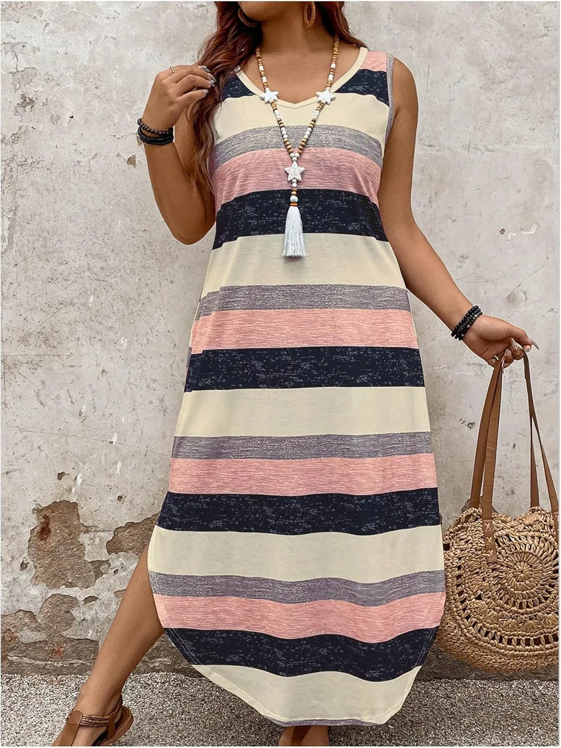 Verdusa Plus Size Summer Maxi Dresses for Women 2025 Striped Printed V Neck Slit Beach Long Dresses