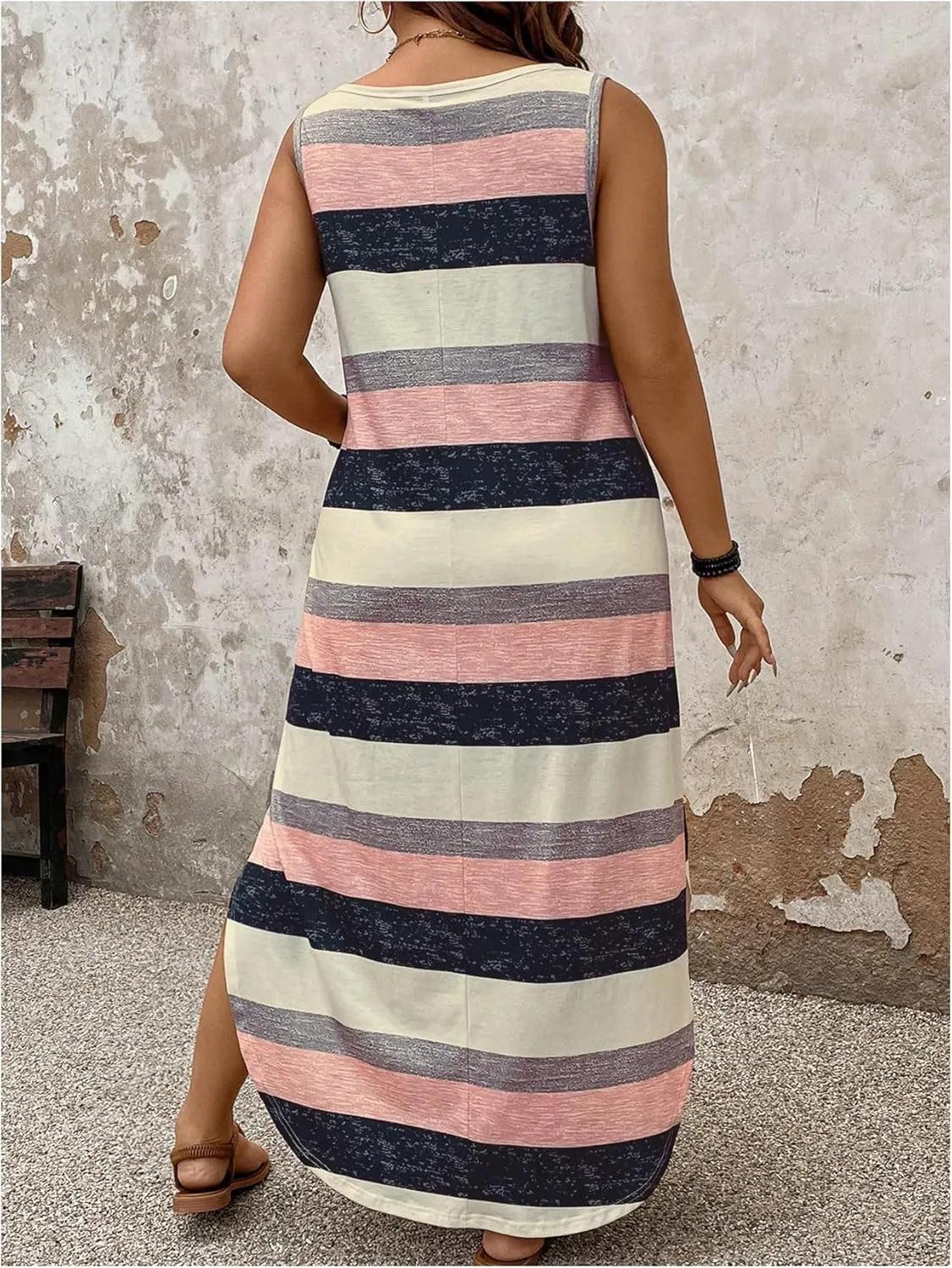 Verdusa Plus Size Summer Maxi Dresses for Women 2025 Striped Printed V Neck Slit Beach Long Dresses