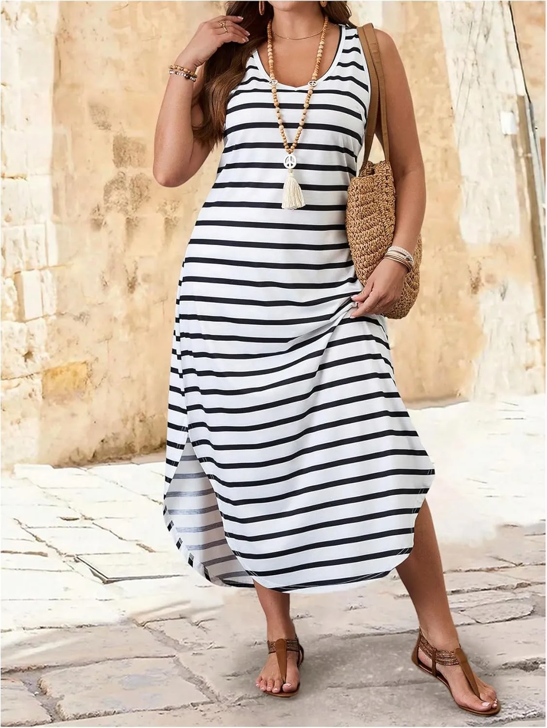 Verdusa Plus Size Summer Maxi Dresses for Women 2025 Striped Printed V Neck Slit Beach Long Dresses
