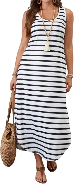 Verdusa Plus Size Summer Maxi Dresses for Women 2025 Striped Printed V Neck Slit Beach Long Dresses