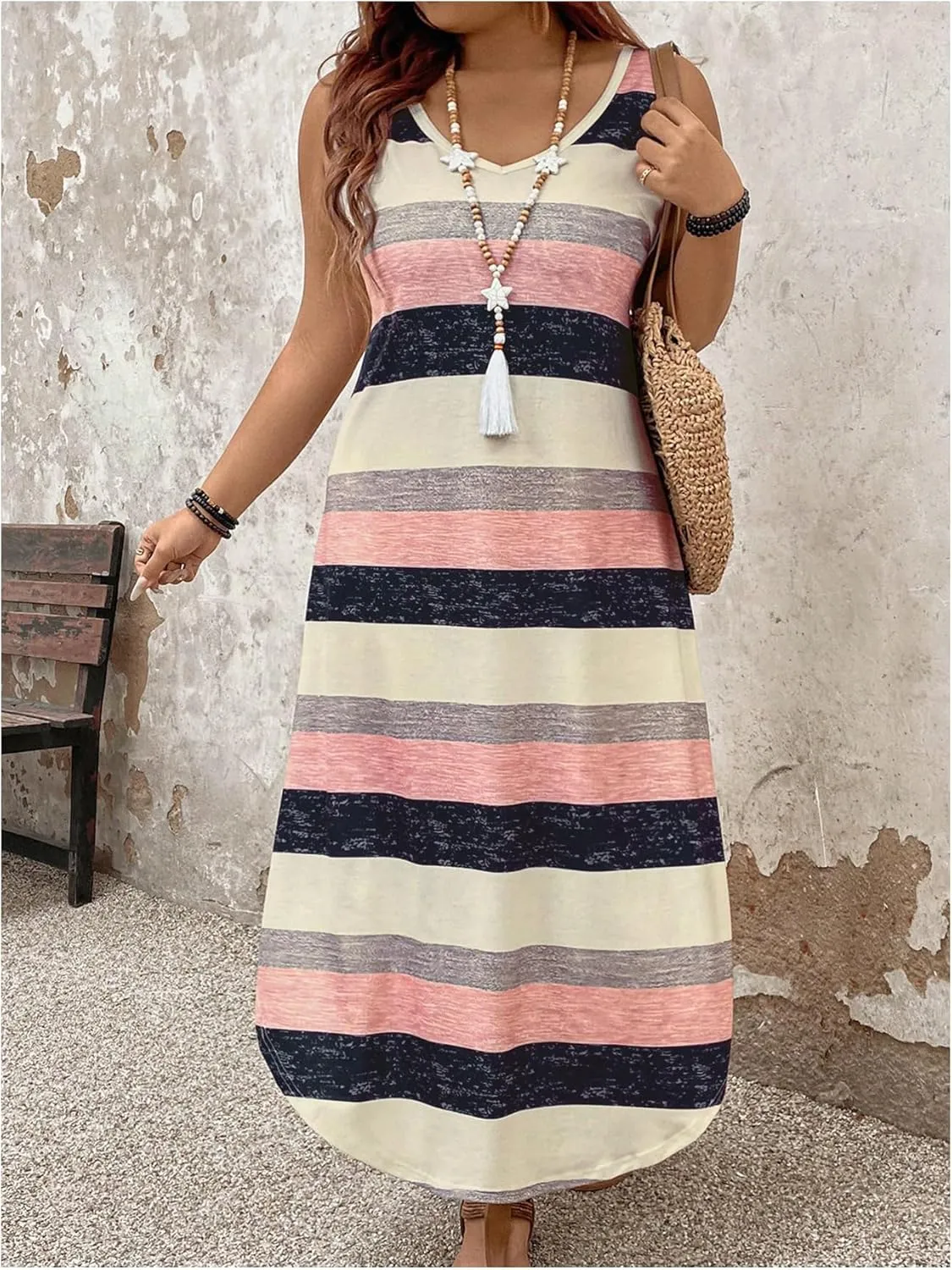 Verdusa Plus Size Summer Maxi Dresses for Women 2025 Striped Printed V Neck Slit Beach Long Dresses