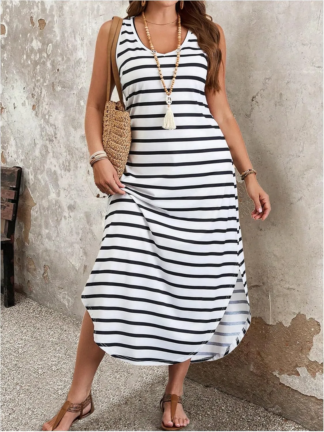 Verdusa Plus Size Summer Maxi Dresses for Women 2025 Striped Printed V Neck Slit Beach Long Dresses
