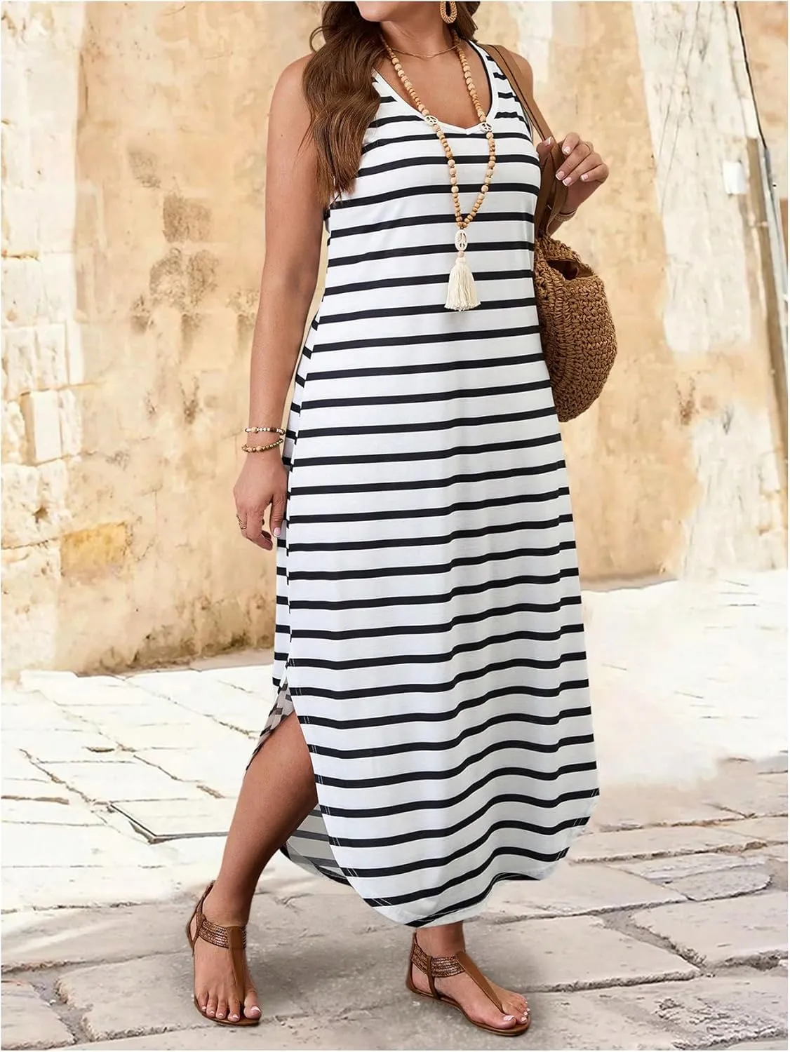 Verdusa Plus Size Summer Maxi Dresses for Women 2025 Striped Printed V Neck Slit Beach Long Dresses