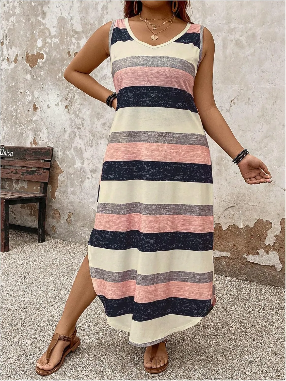 Verdusa Plus Size Summer Maxi Dresses for Women 2025 Striped Printed V Neck Slit Beach Long Dresses