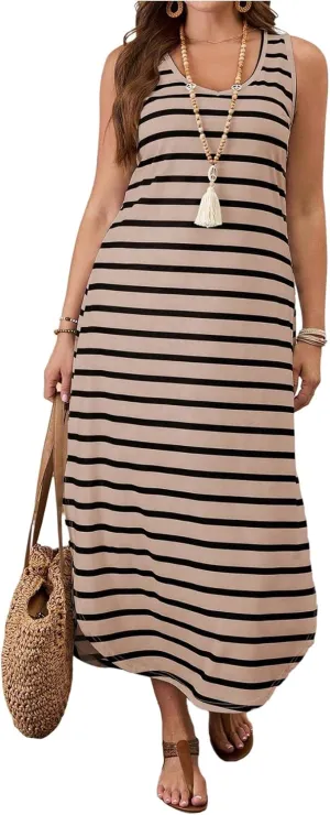 Verdusa Plus Size Summer Maxi Dresses for Women 2025 Striped Printed V Neck Slit Beach Long Dresses