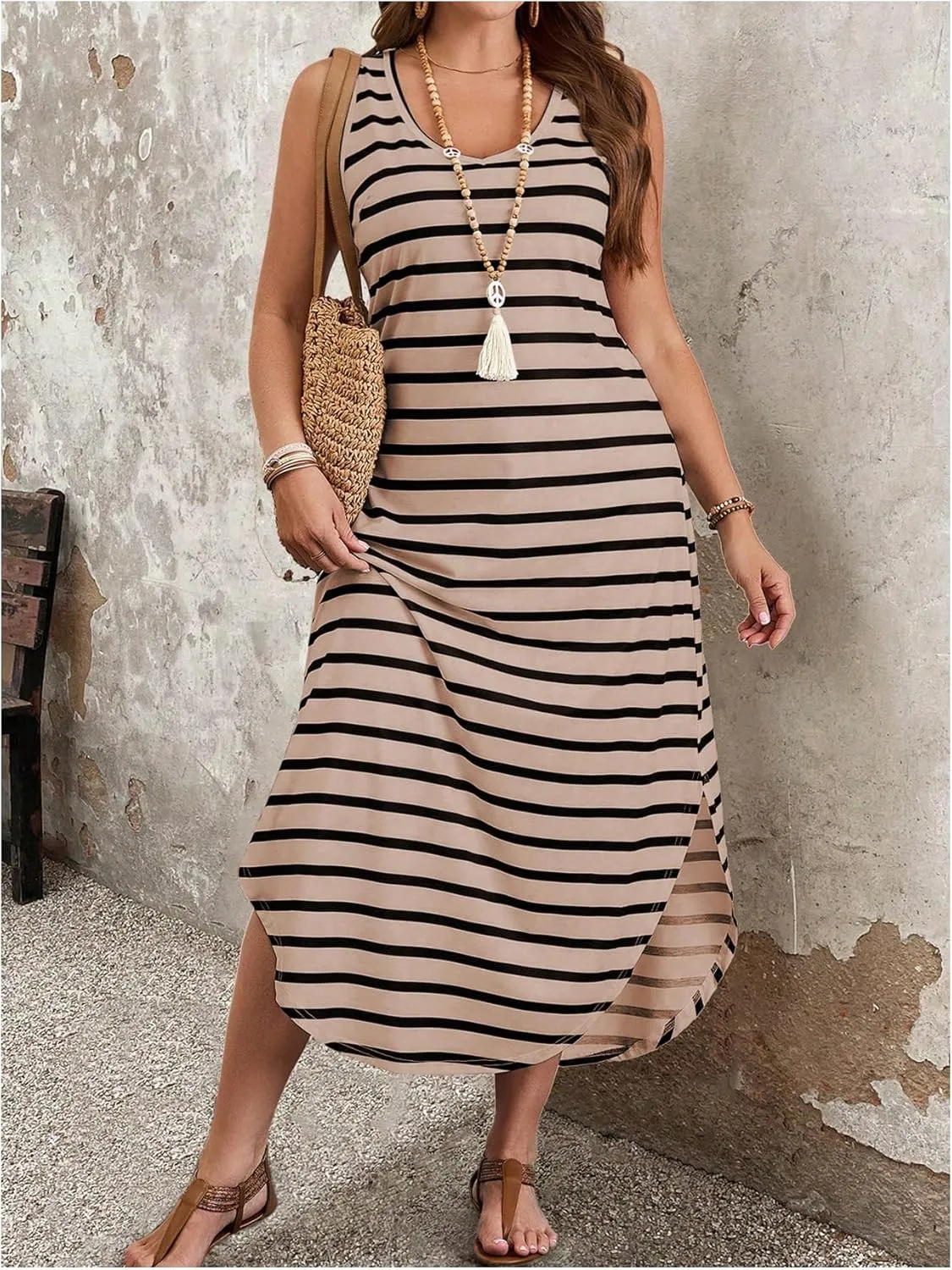 Verdusa Plus Size Summer Maxi Dresses for Women 2025 Striped Printed V Neck Slit Beach Long Dresses