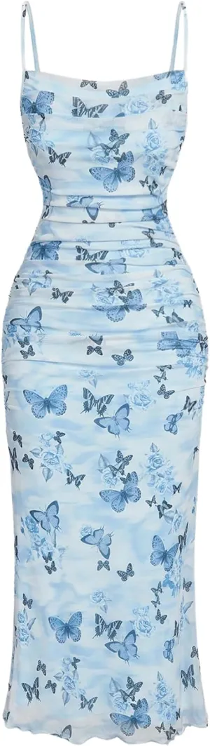 Verdusa Women's Butterfly Print Ruched Bodycon Dress Ruched Backless Cami Long Dress
