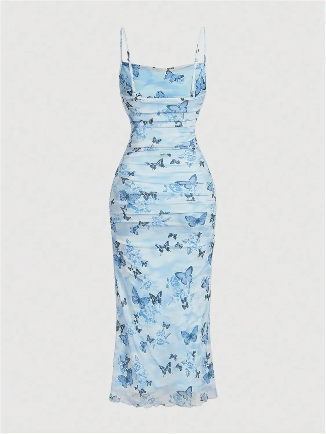 Verdusa Women's Butterfly Print Ruched Bodycon Dress Ruched Backless Cami Long Dress