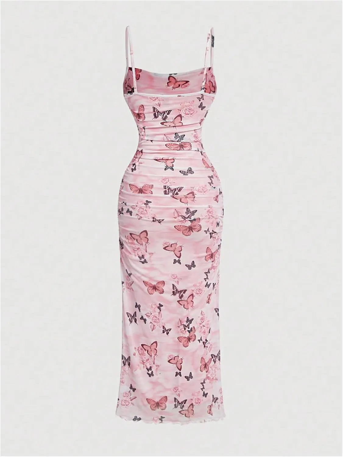 Verdusa Women's Butterfly Print Ruched Bodycon Dress Ruched Backless Cami Long Dress
