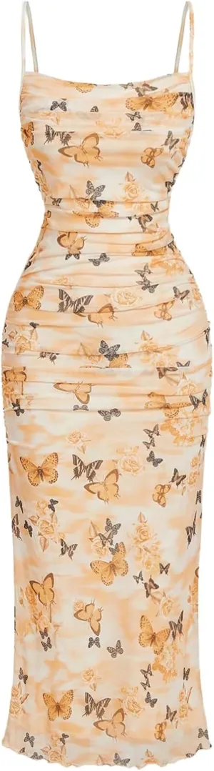 Verdusa Women's Butterfly Print Ruched Bodycon Dress Ruched Backless Cami Long Dress
