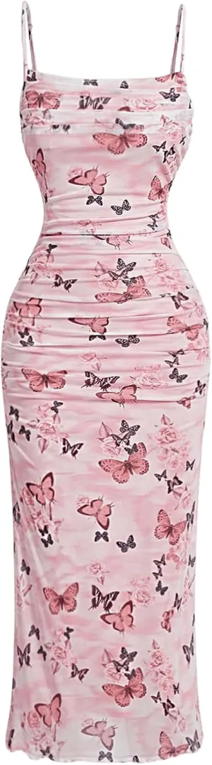 Verdusa Women's Butterfly Print Ruched Bodycon Dress Ruched Backless Cami Long Dress