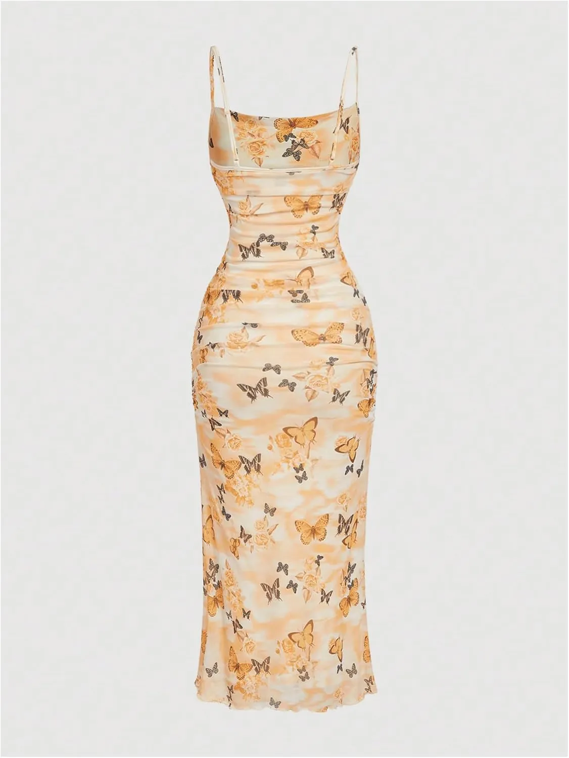 Verdusa Women's Butterfly Print Ruched Bodycon Dress Ruched Backless Cami Long Dress