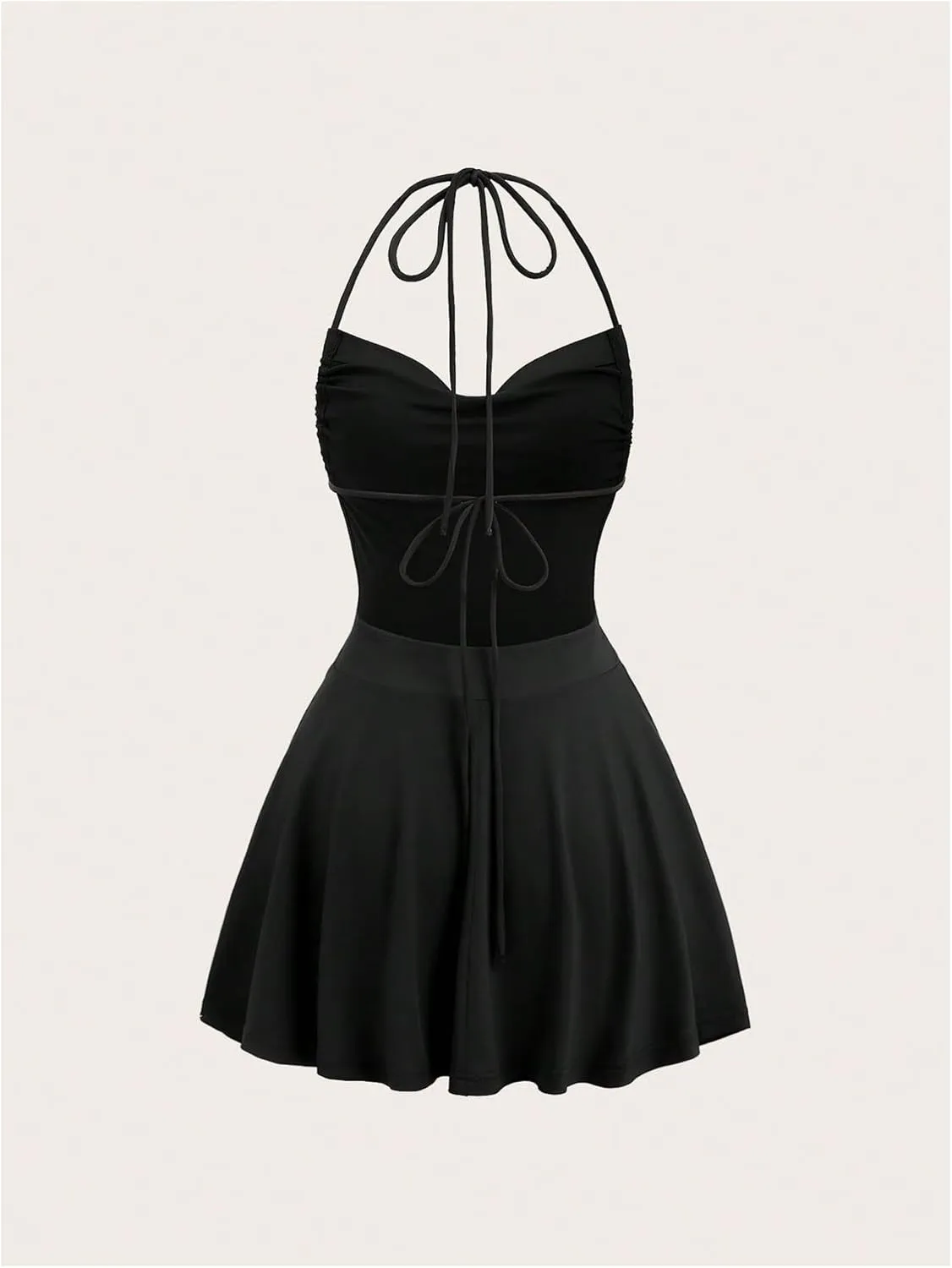 Verdusa Women's Drape Neck Halter Dress Ruffle Ruched Tie Back A Line Mini Dresses