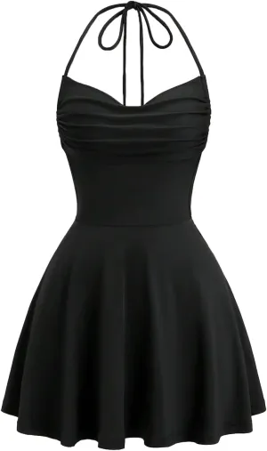 Verdusa Women's Drape Neck Halter Dress Ruffle Ruched Tie Back A Line Mini Dresses