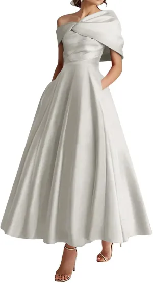 Verngo One Shoulder Mother of The Bride Dresses for Women Satin Ruffle A Line Formal Prom Evening Gowns with Pockets