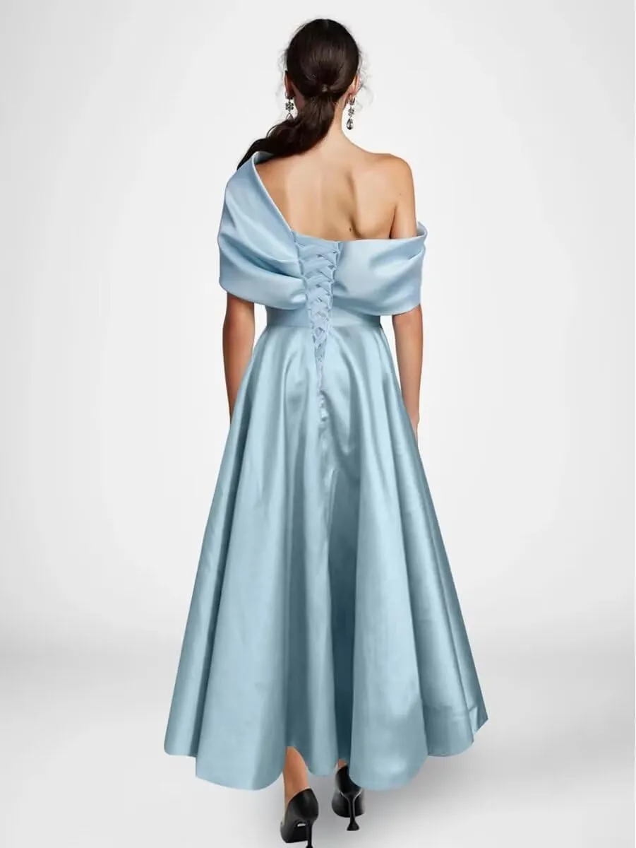 Verngo One Shoulder Mother of The Bride Dresses for Women Satin Ruffle A Line Formal Prom Evening Gowns with Pockets