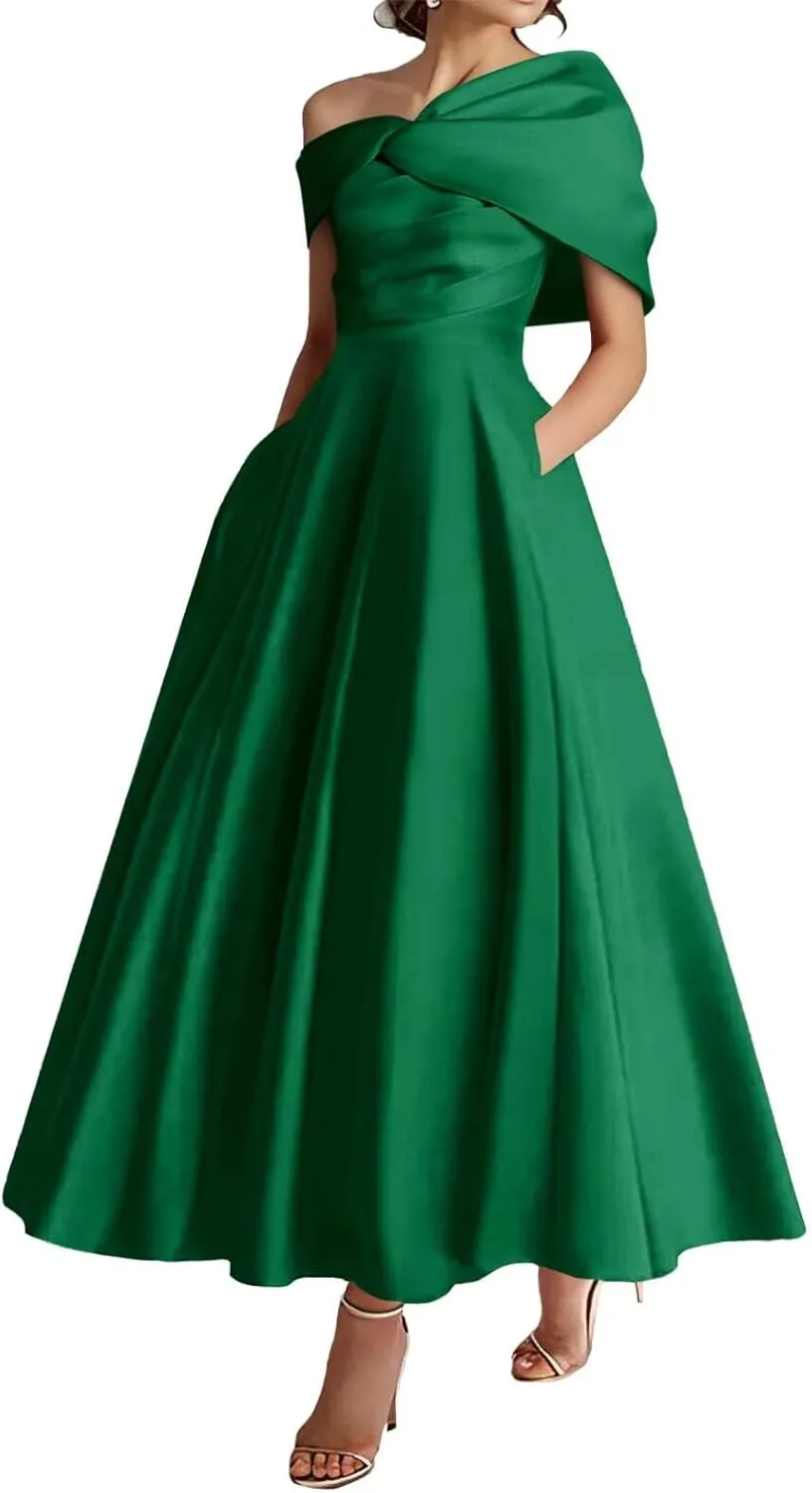 Verngo One Shoulder Mother of The Bride Dresses for Women Satin Ruffle A Line Formal Prom Evening Gowns with Pockets