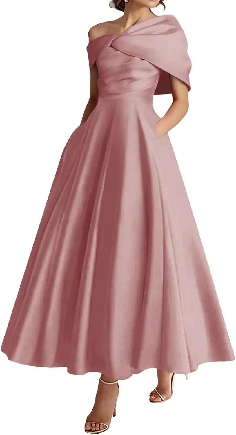 Verngo One Shoulder Mother of The Bride Dresses for Women Satin Ruffle A Line Formal Prom Evening Gowns with Pockets