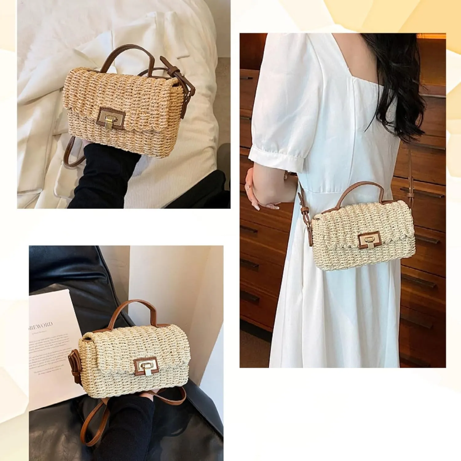 Vintage Hand Woven Crossbody Bag Women Summer Mini Straw Bag Vacation Small Square Handbag Top Handle
