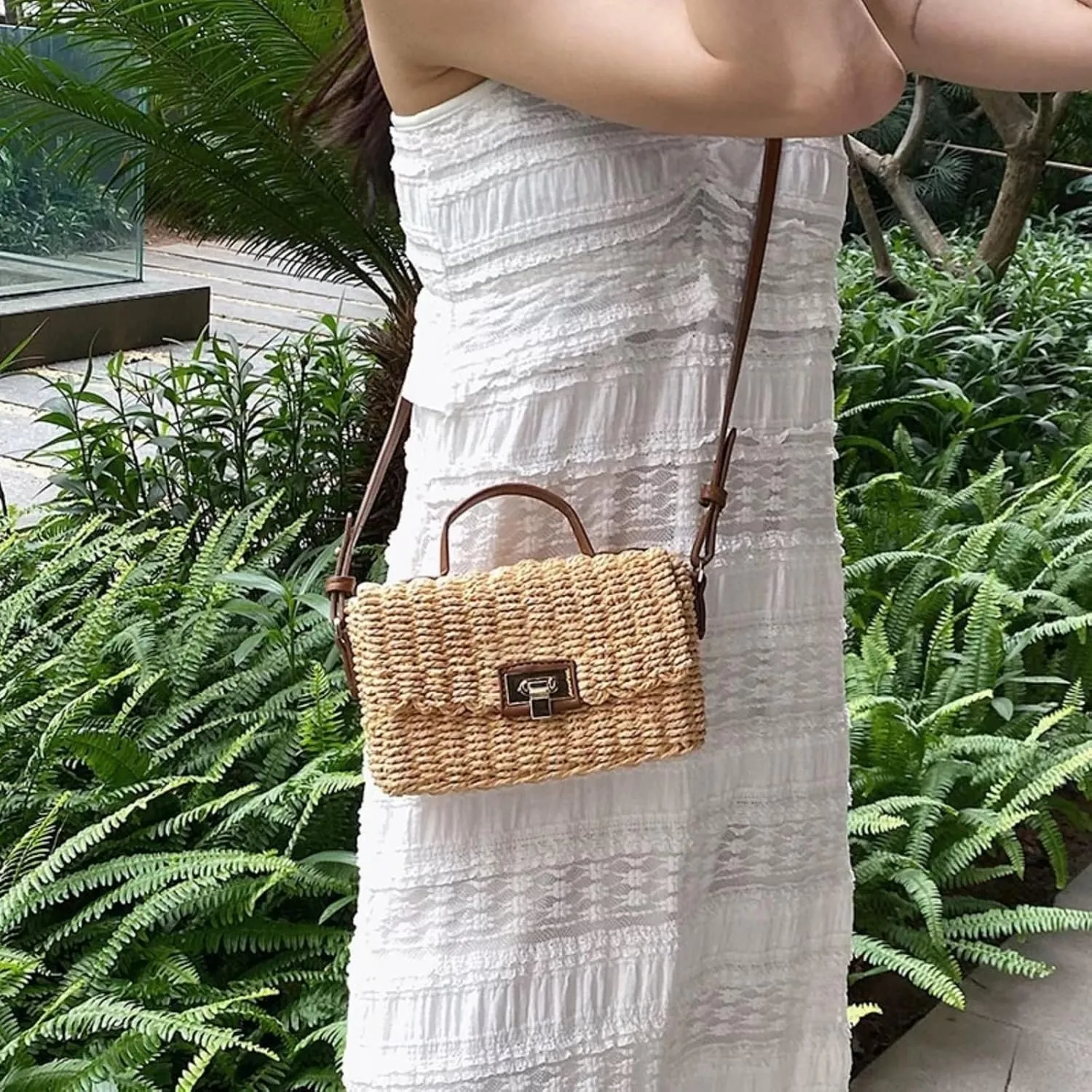 Vintage Hand Woven Crossbody Bag Women Summer Mini Straw Bag Vacation Small Square Handbag Top Handle