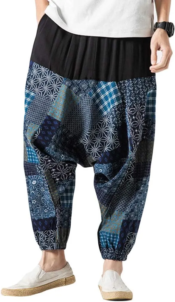 watersouprty Men's Harem Pants Casual Linen Pants Elastic Waist Wide Leg Baggy Yoga Pants