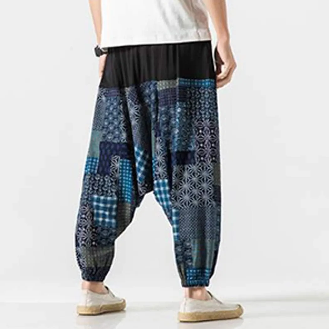 watersouprty Men's Harem Pants Casual Linen Pants Elastic Waist Wide Leg Baggy Yoga Pants