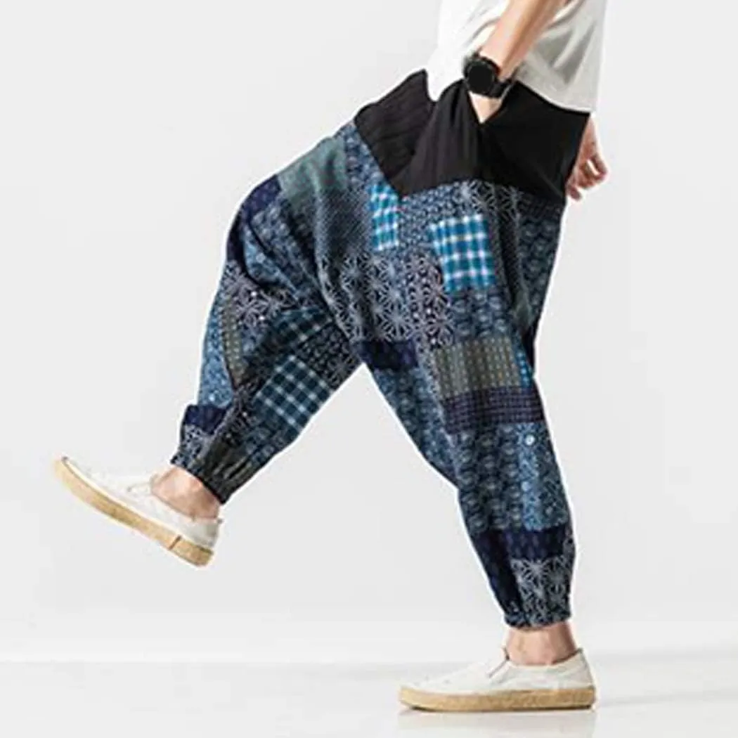 watersouprty Men's Harem Pants Casual Linen Pants Elastic Waist Wide Leg Baggy Yoga Pants