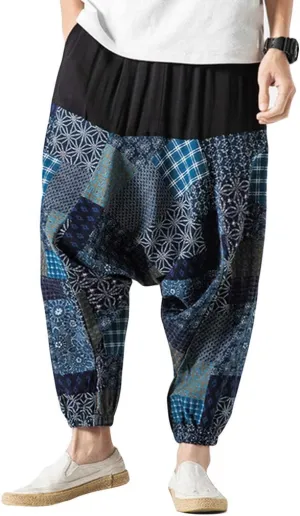 watersouprty Men's Harem Pants Casual Linen Pants Elastic Waist Wide Leg Baggy Yoga Pants