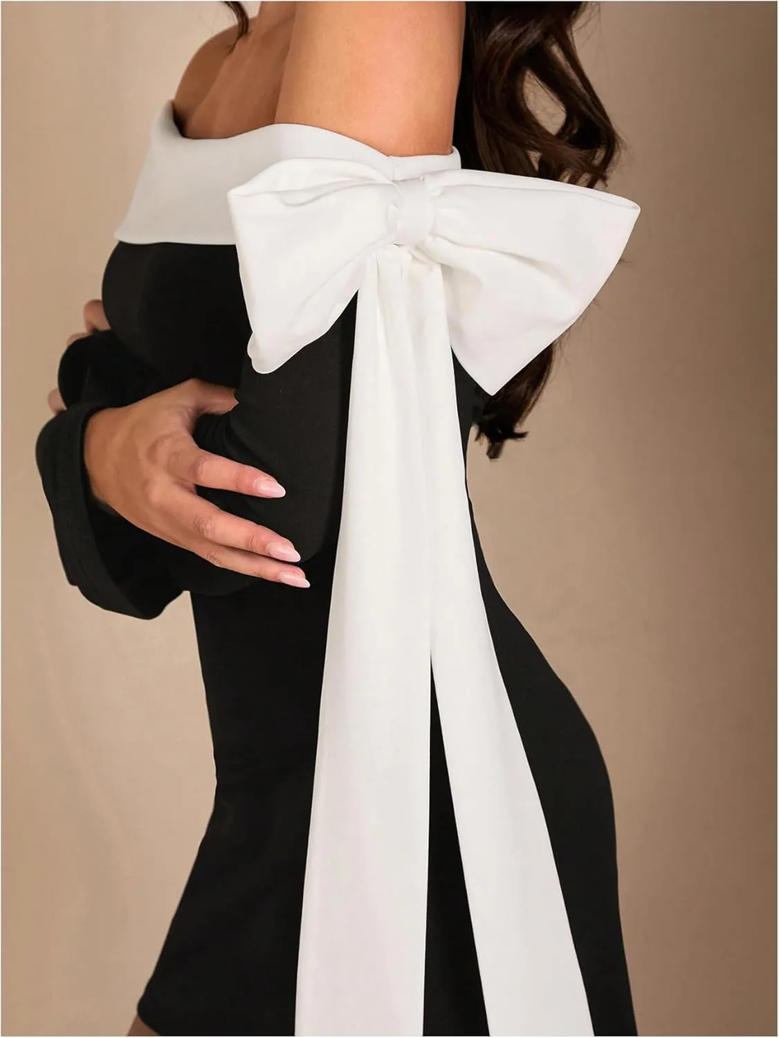 WDIRARA Women's Off Shoulder Bow Long Bell Sleeve Mini Dress Cocktail Party Dress