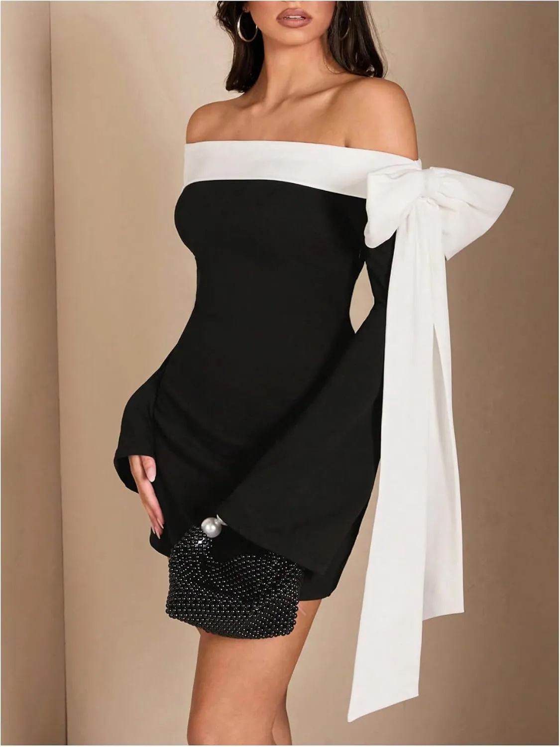 WDIRARA Women's Off Shoulder Bow Long Bell Sleeve Mini Dress Cocktail Party Dress