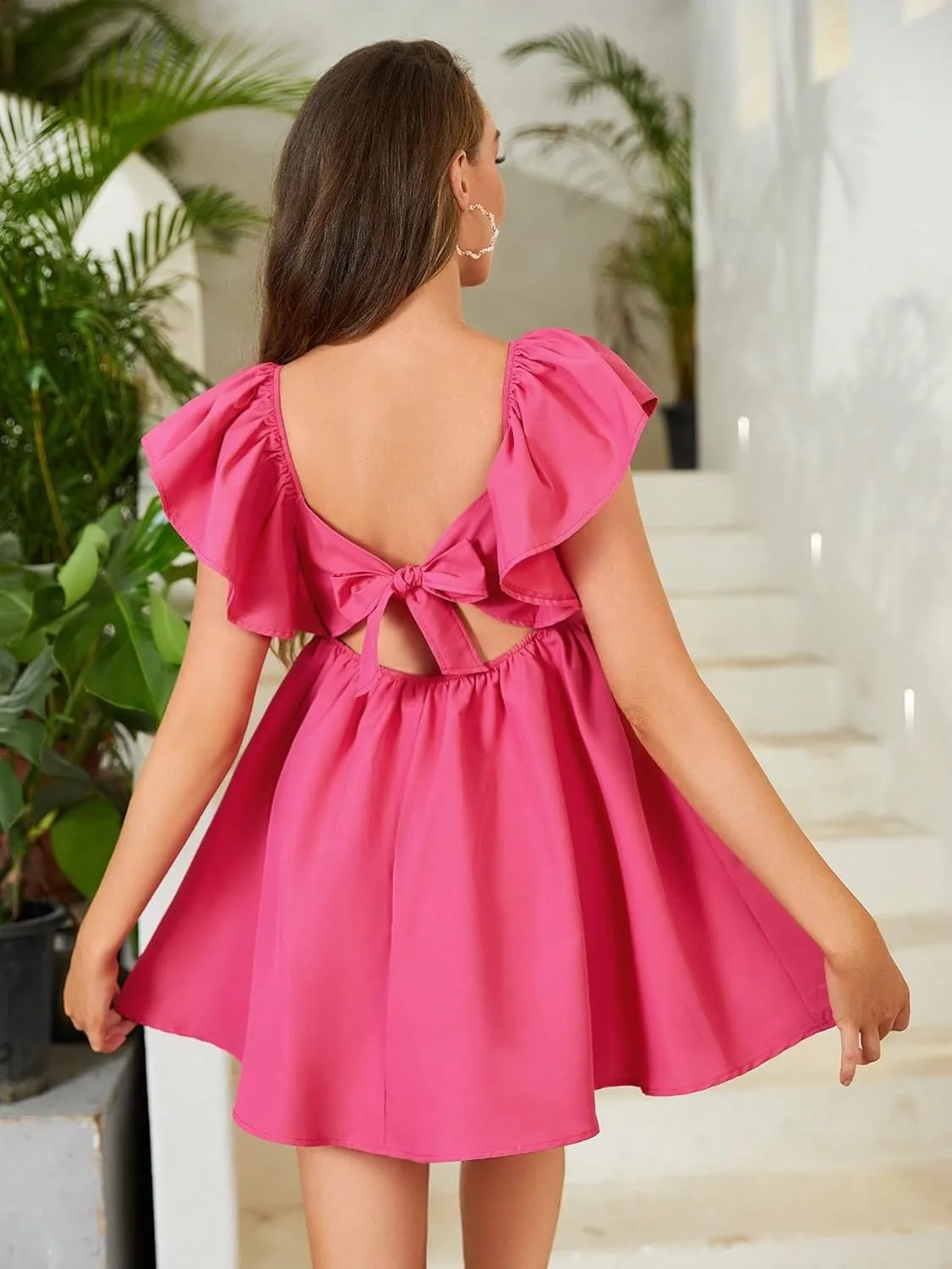 WDIRARA Women's Ruffle Trim Flared Hem High Waisted V Neck Short Sleeve Mini Dress