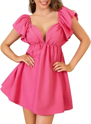 WDIRARA Women's Ruffle Trim Flared Hem High Waisted V Neck Short Sleeve Mini Dress