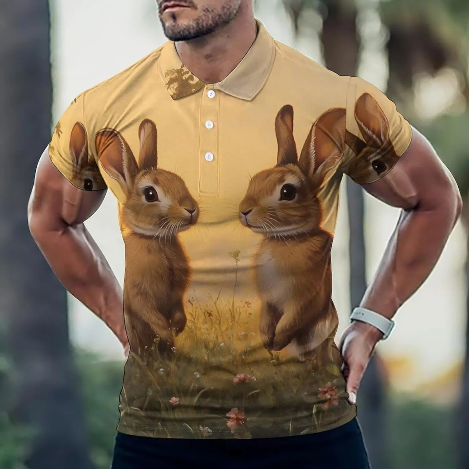 Wild Rabbits Hares Mens Polo Shirts Quick Dry Short Sleeve T-shirts Slim Tennis Collared Tees Tops