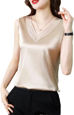 Woman Elegant Silk Satin T-Shirts Summer Camisole Casual Loose Camis Solid Tops for Women