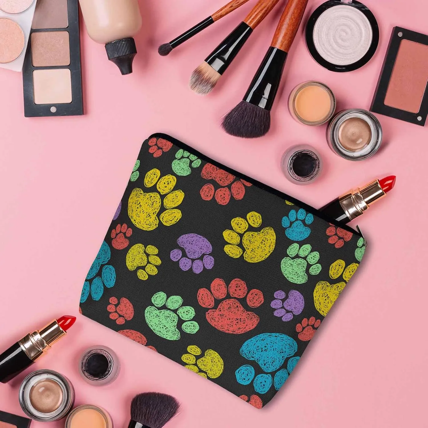 Woman Makeup Bag Dog Paw, Rainbow Doodle Paw Prints Cat Footprint Makeup Bags Travel Cosmetic Bags Toiletry Makeup Organizer Pencil Pouch Make Up Cosmetic Bag For Owners Lady Birthday Gifts