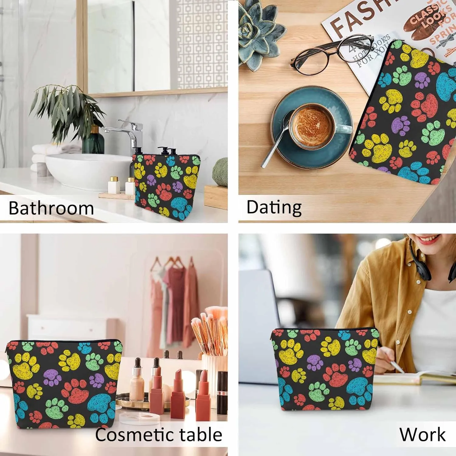 Woman Makeup Bag Dog Paw, Rainbow Doodle Paw Prints Cat Footprint Makeup Bags Travel Cosmetic Bags Toiletry Makeup Organizer Pencil Pouch Make Up Cosmetic Bag For Owners Lady Birthday Gifts