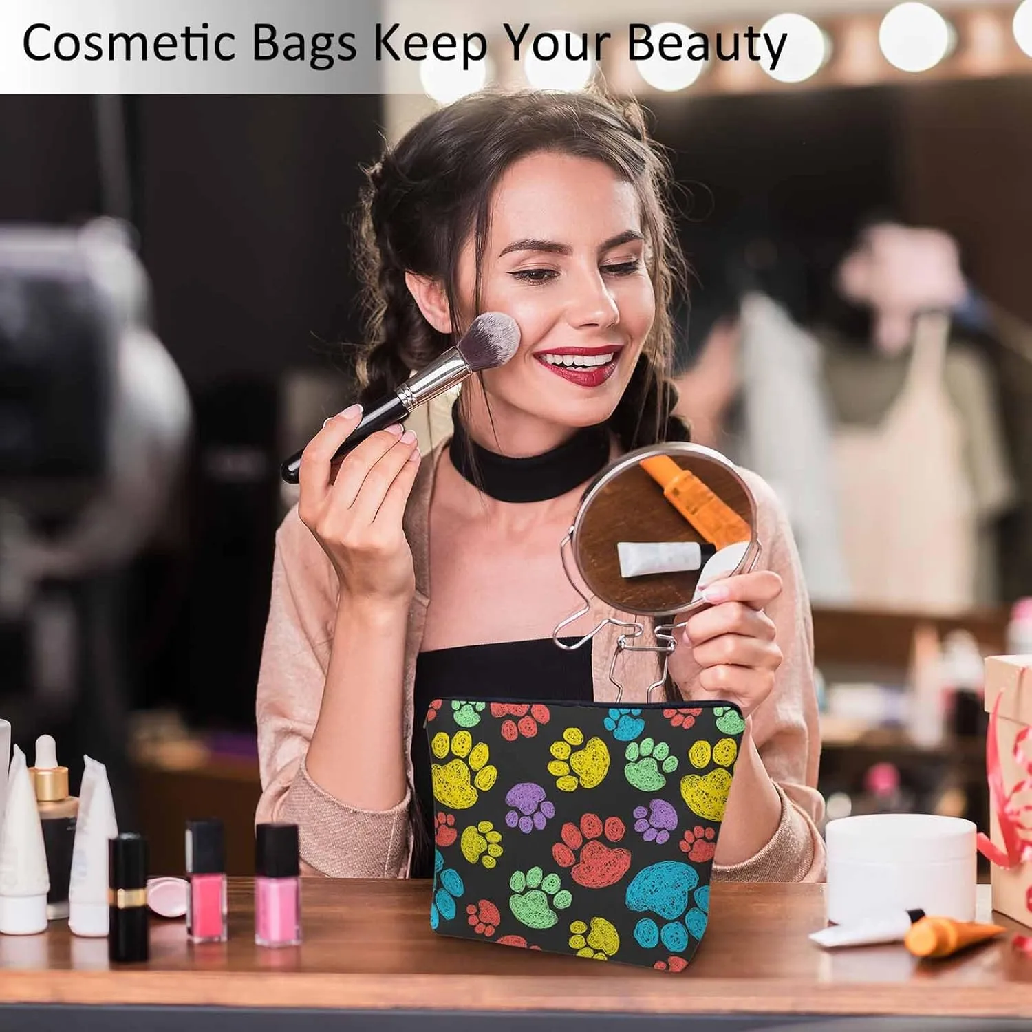 Woman Makeup Bag Dog Paw, Rainbow Doodle Paw Prints Cat Footprint Makeup Bags Travel Cosmetic Bags Toiletry Makeup Organizer Pencil Pouch Make Up Cosmetic Bag For Owners Lady Birthday Gifts