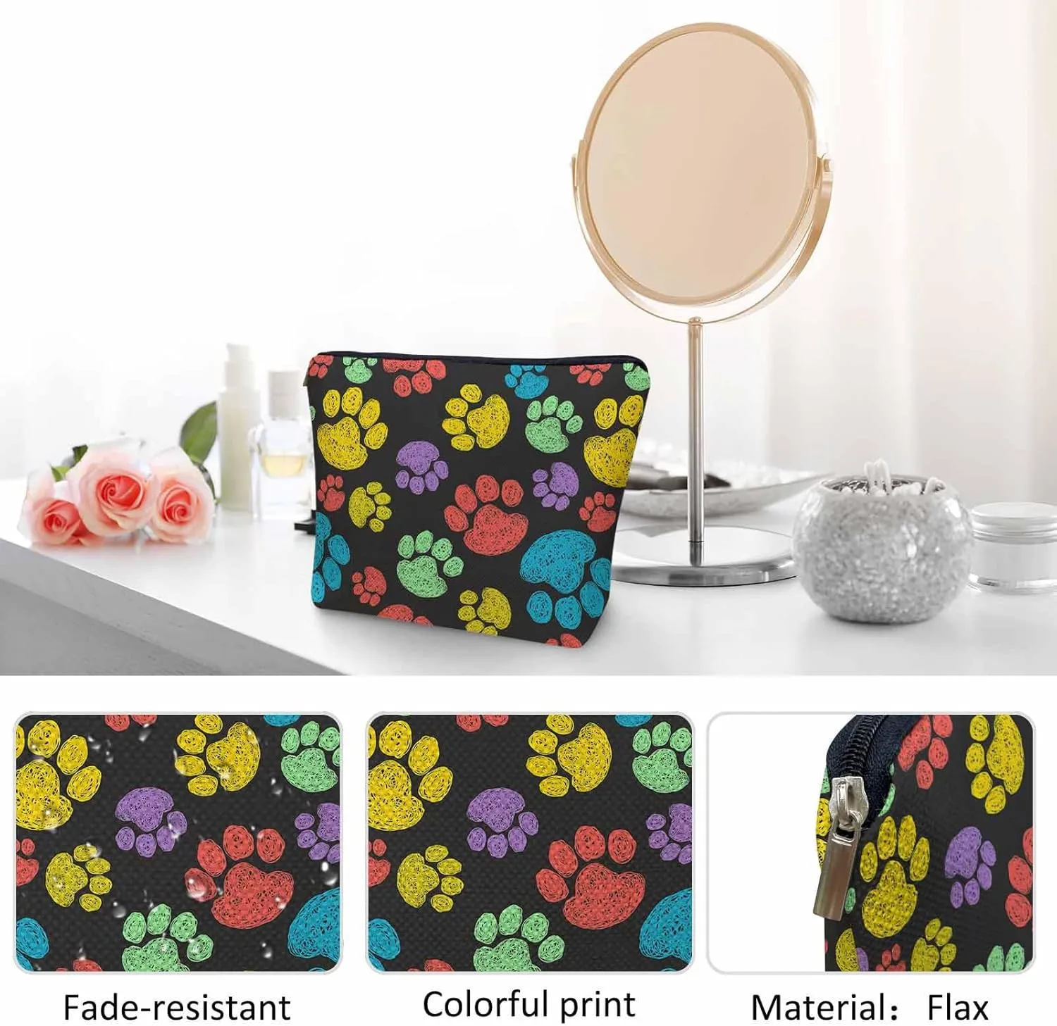 Woman Makeup Bag Dog Paw, Rainbow Doodle Paw Prints Cat Footprint Makeup Bags Travel Cosmetic Bags Toiletry Makeup Organizer Pencil Pouch Make Up Cosmetic Bag For Owners Lady Birthday Gifts