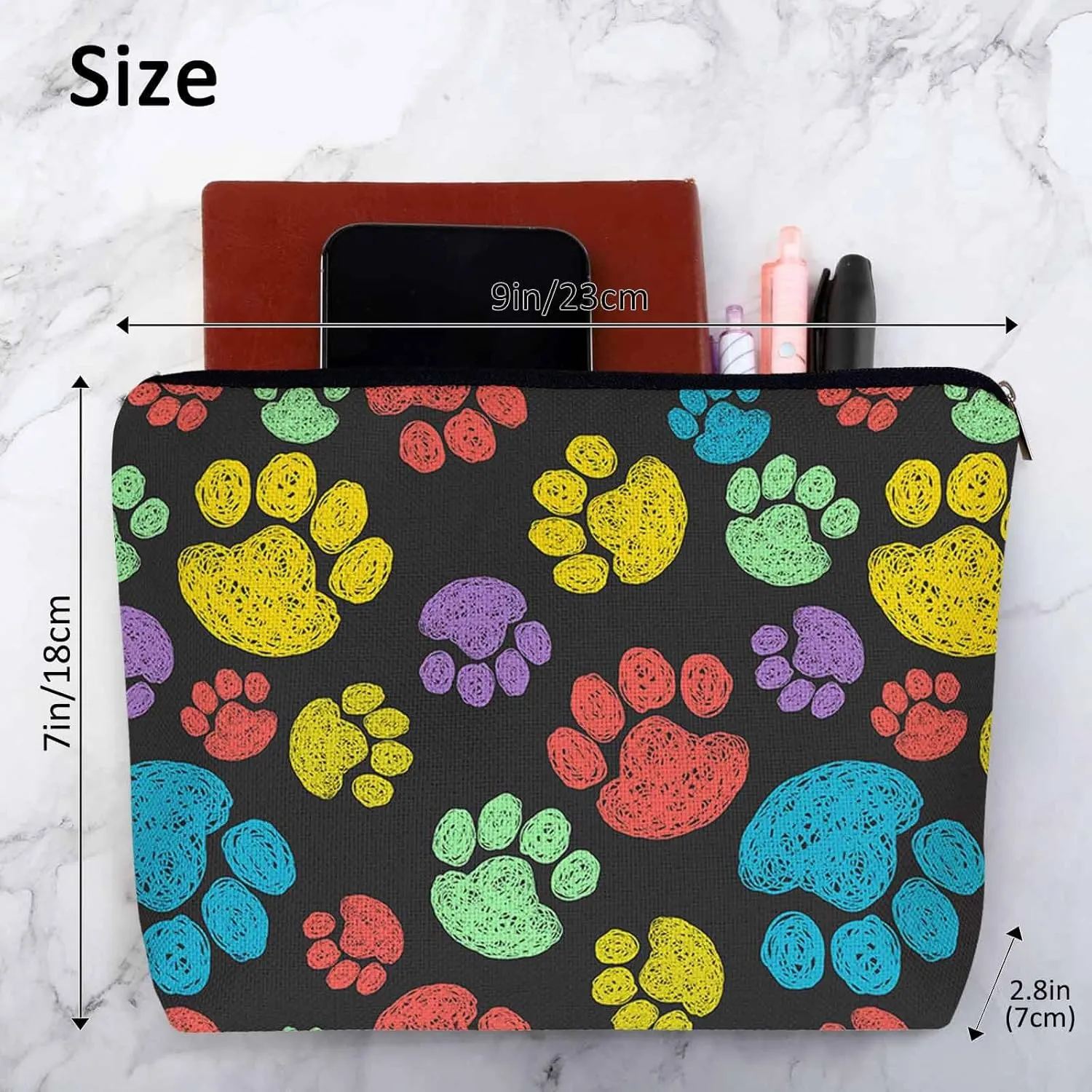 Woman Makeup Bag Dog Paw, Rainbow Doodle Paw Prints Cat Footprint Makeup Bags Travel Cosmetic Bags Toiletry Makeup Organizer Pencil Pouch Make Up Cosmetic Bag For Owners Lady Birthday Gifts