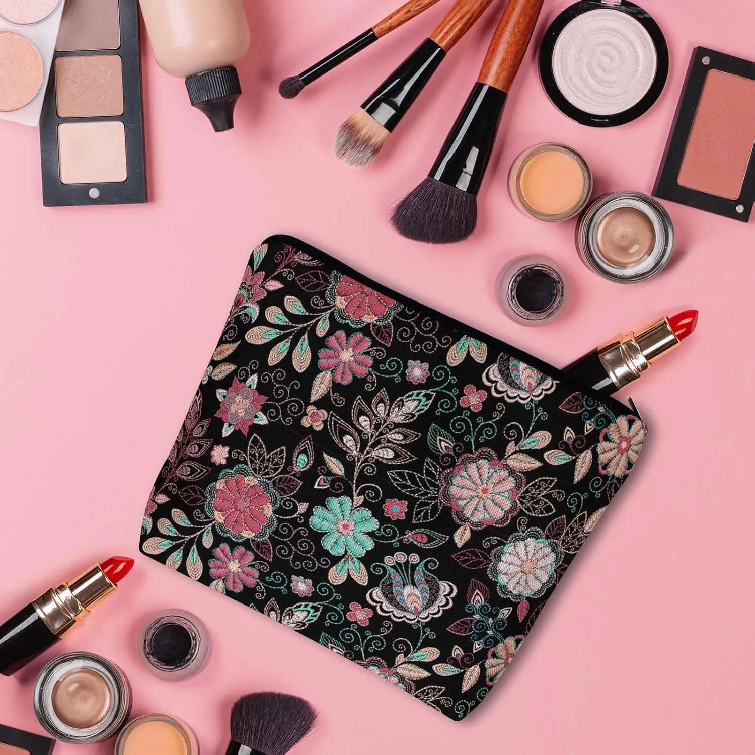 Woman Makeup Bag Paisley Flower, Colorful Paisley Floral Red Makeup Bags Travel Cosmetic Bags Toiletry Makeup Organizer Pencil Pouch Make Up Cosmetic Bag For Owners Lady Birthday Gifts