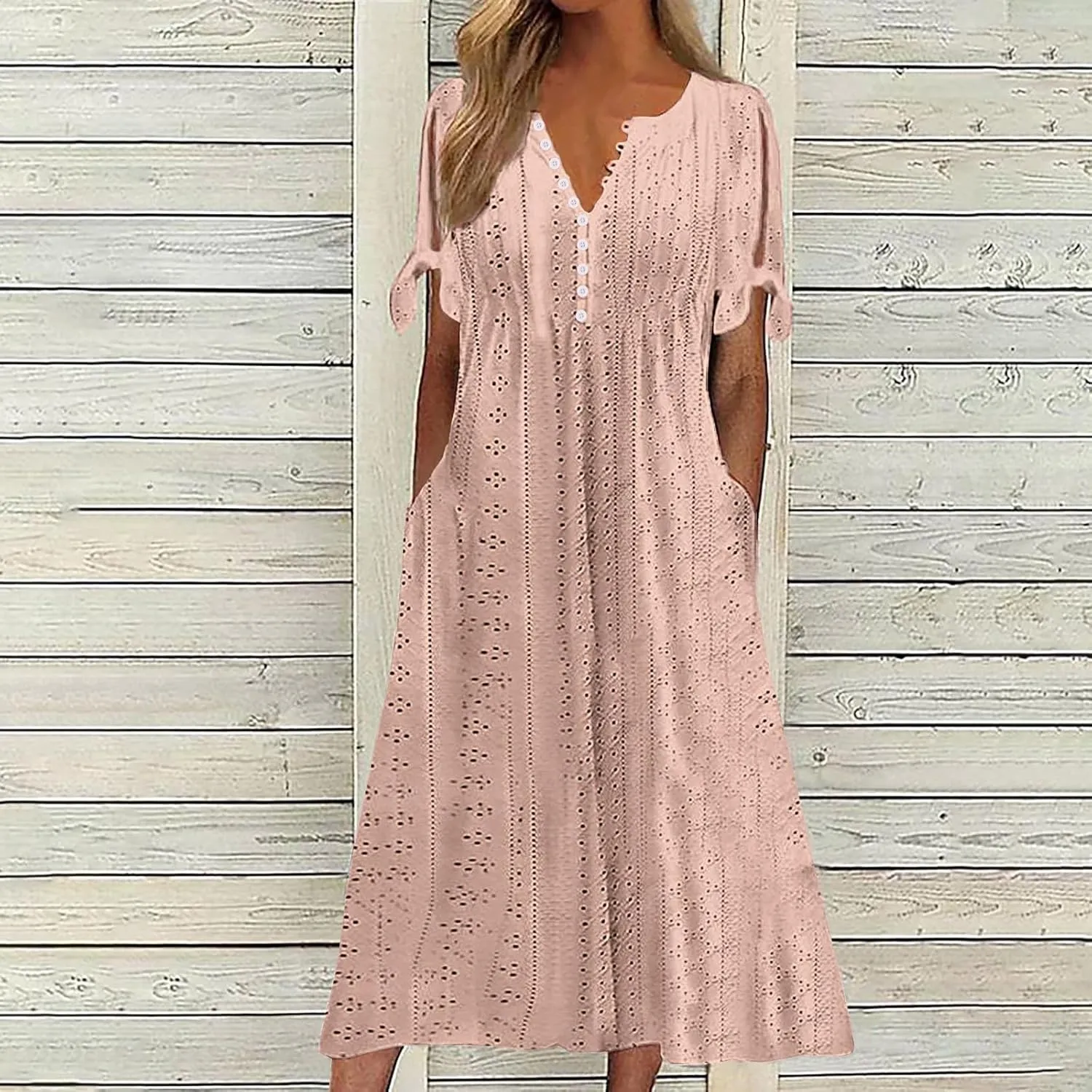 Women Boho Dresses V-Neck Short Sleeve Button Solid Sun Dress Hollow Eyelet Sundress 2025 Trendy Vacation Outfits