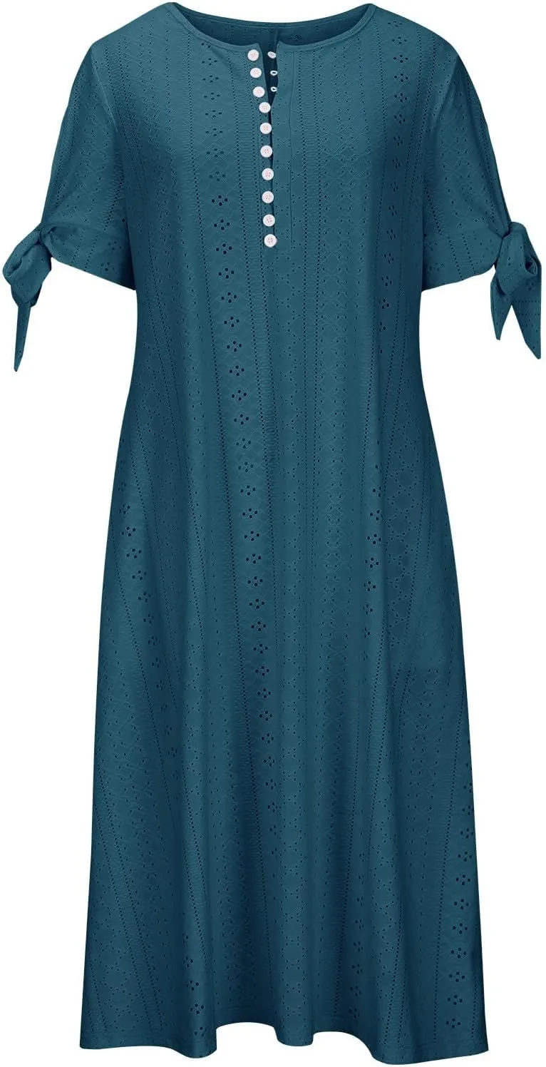 Women Boho Dresses V-Neck Short Sleeve Button Solid Sun Dress Hollow Eyelet Sundress 2025 Trendy Vacation Outfits