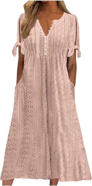 Women Boho Dresses V-Neck Short Sleeve Button Solid Sun Dress Hollow Eyelet Sundress 2025 Trendy Vacation Outfits