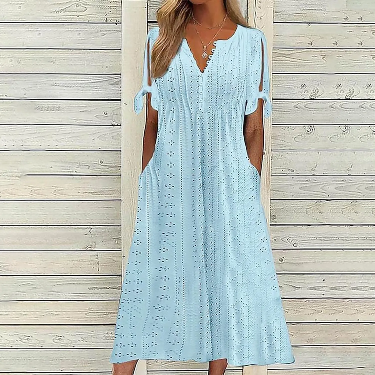 Women Boho Dresses V-Neck Short Sleeve Button Solid Sun Dress Hollow Eyelet Sundress 2025 Trendy Vacation Outfits